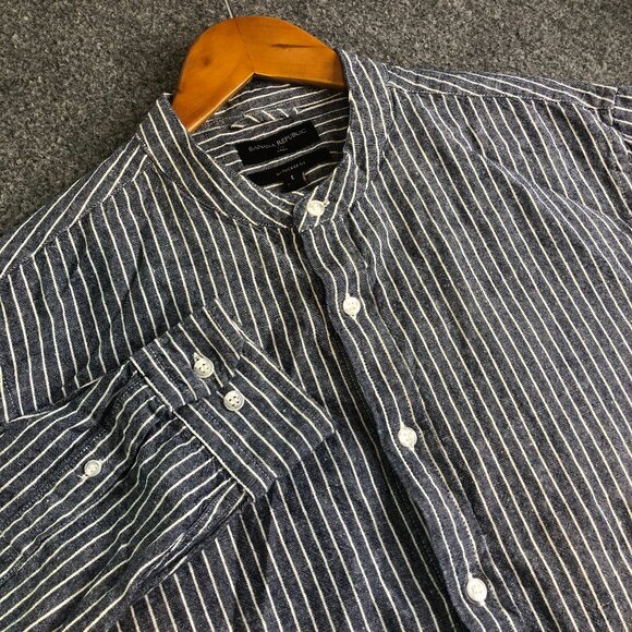 Banana Republic Other - Banana Republic Shirt Mens Large Blue Button Linen Blend Stripe Band Collar